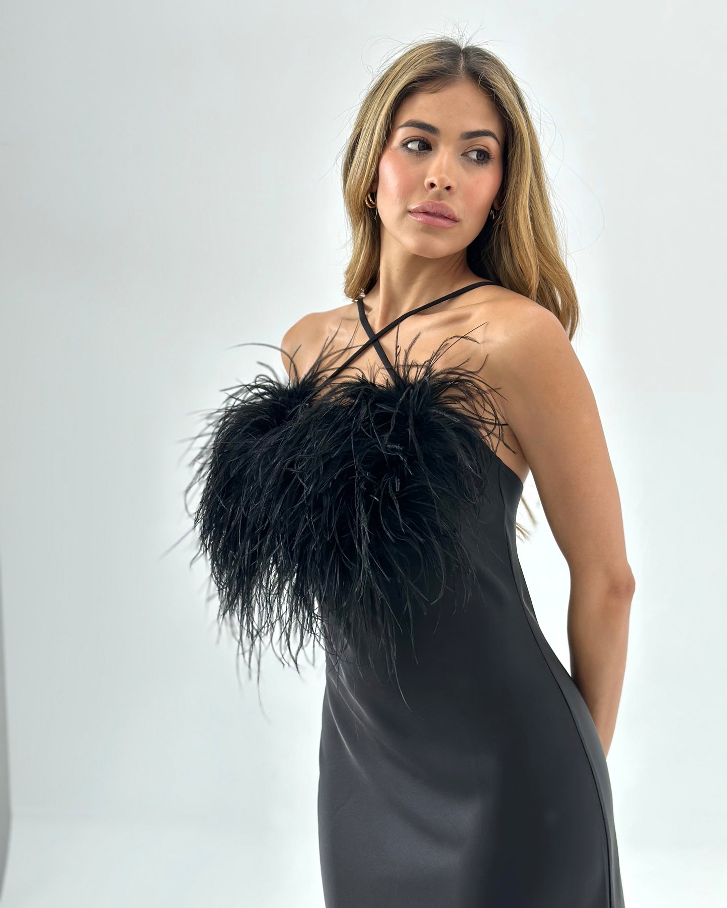 Cowl Neck Slip Dress with Removable Feathers