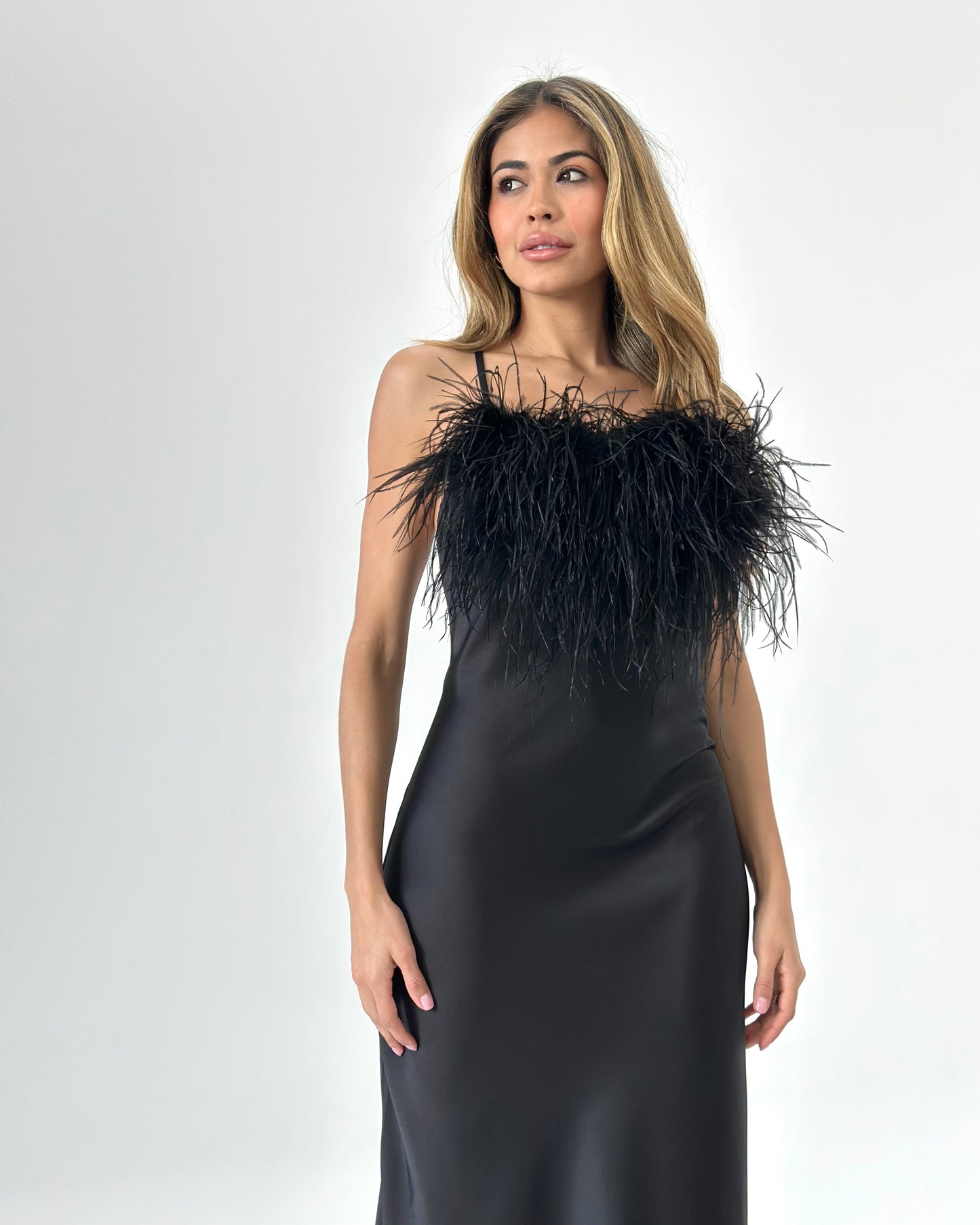 Cowl Neck Slip Dress with Removable Feathers