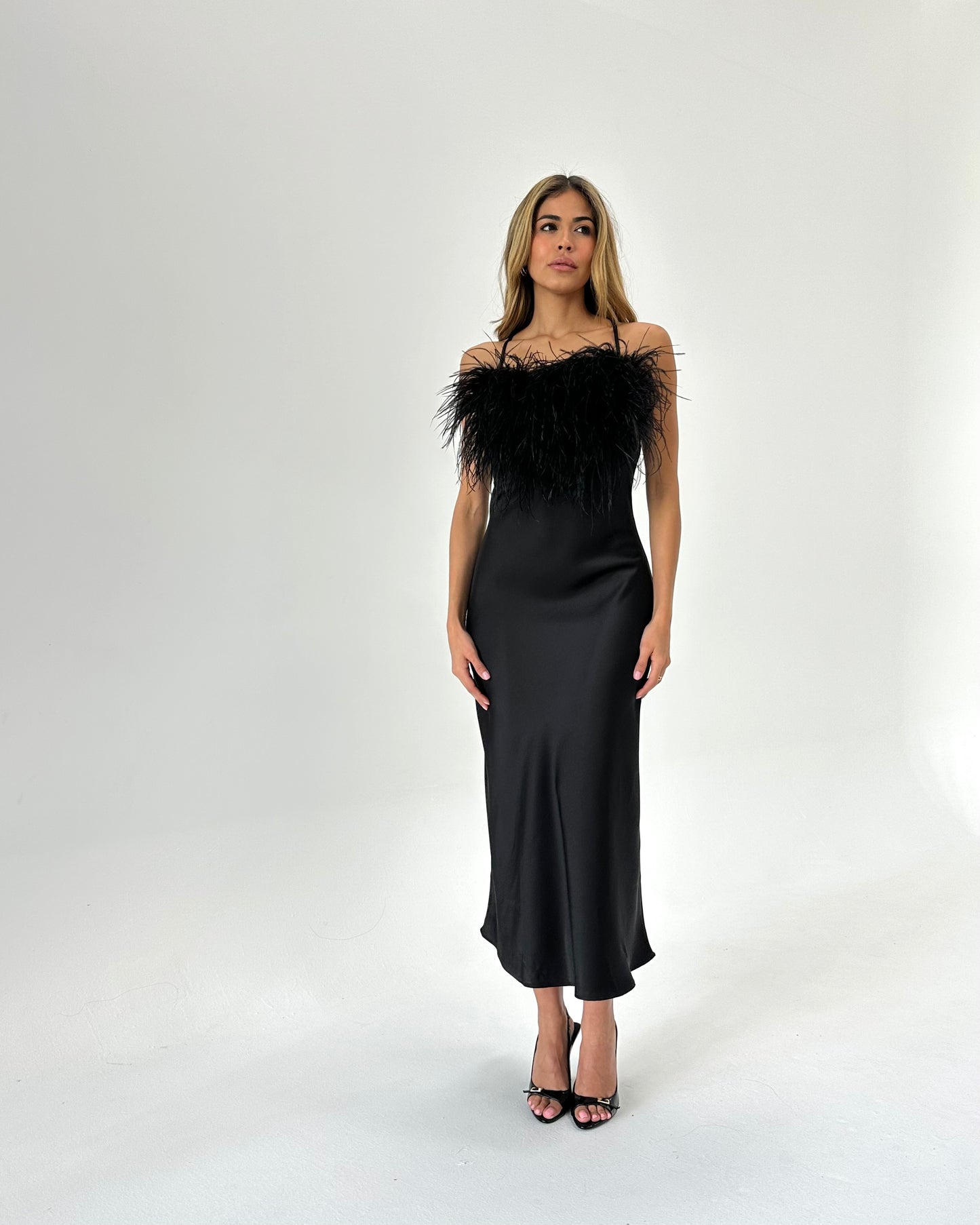 Cowl Neck Slip Dress with Removable Feathers