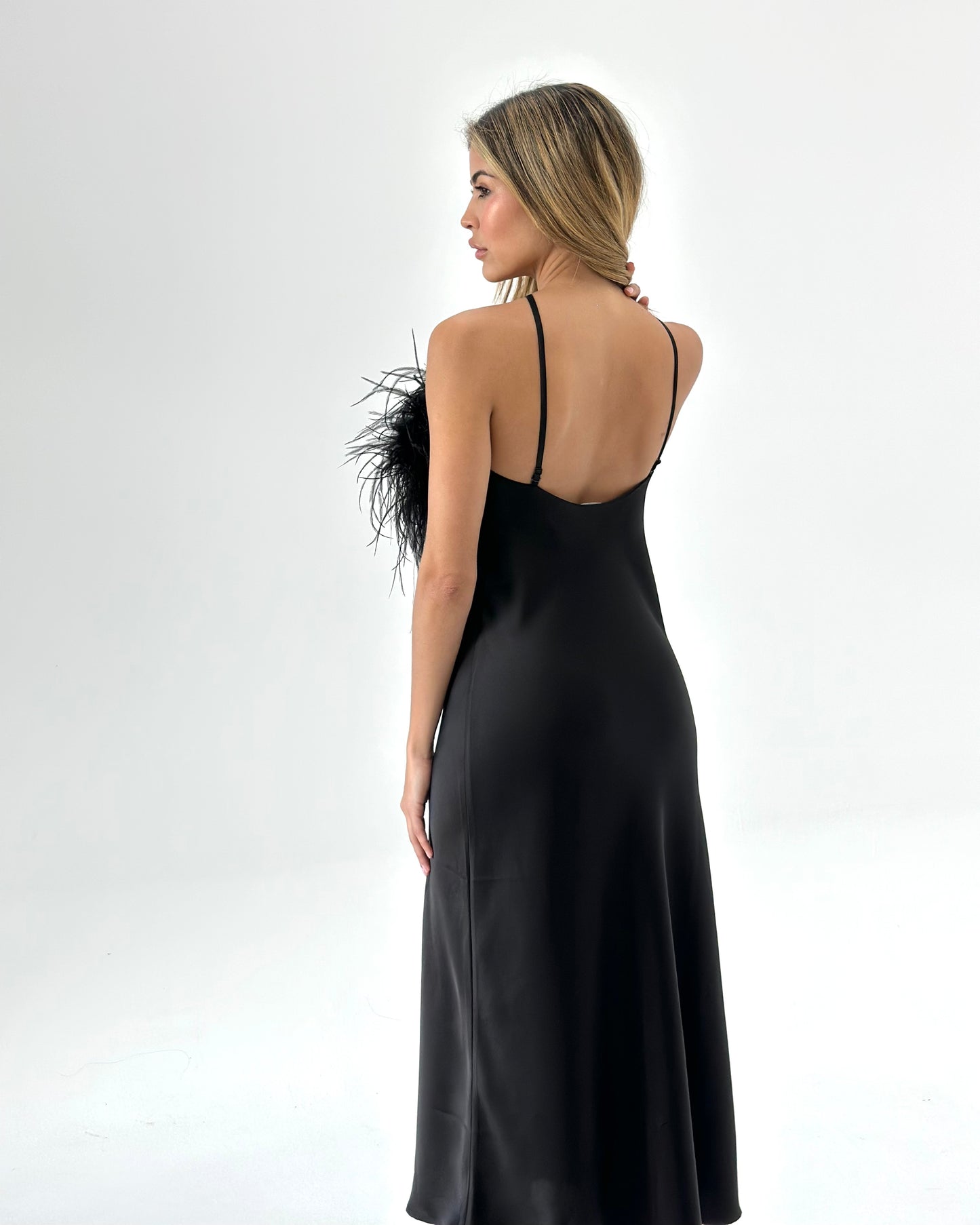 Cowl Neck Slip Dress with Removable Feathers