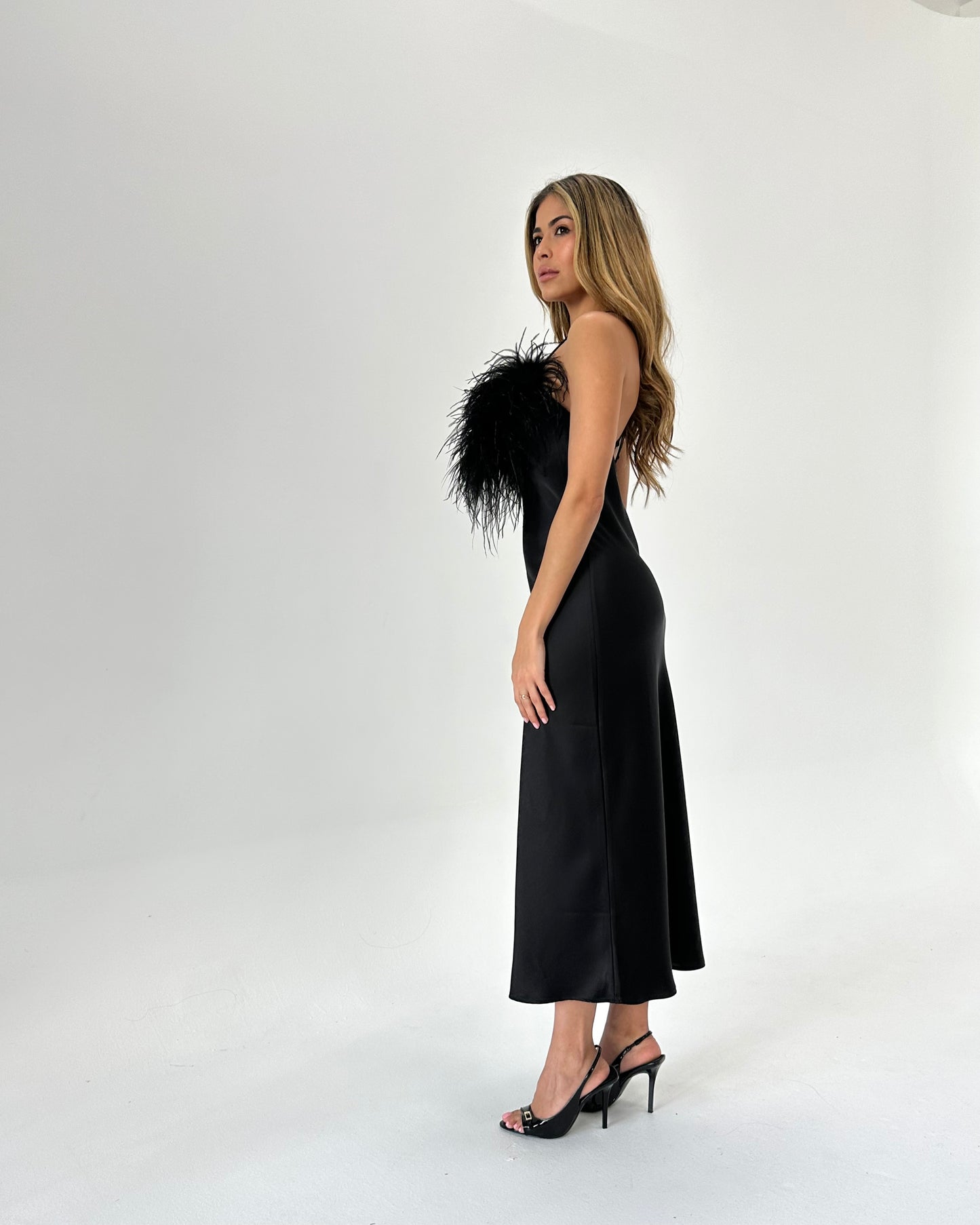 Cowl Neck Slip Dress with Removable Feathers