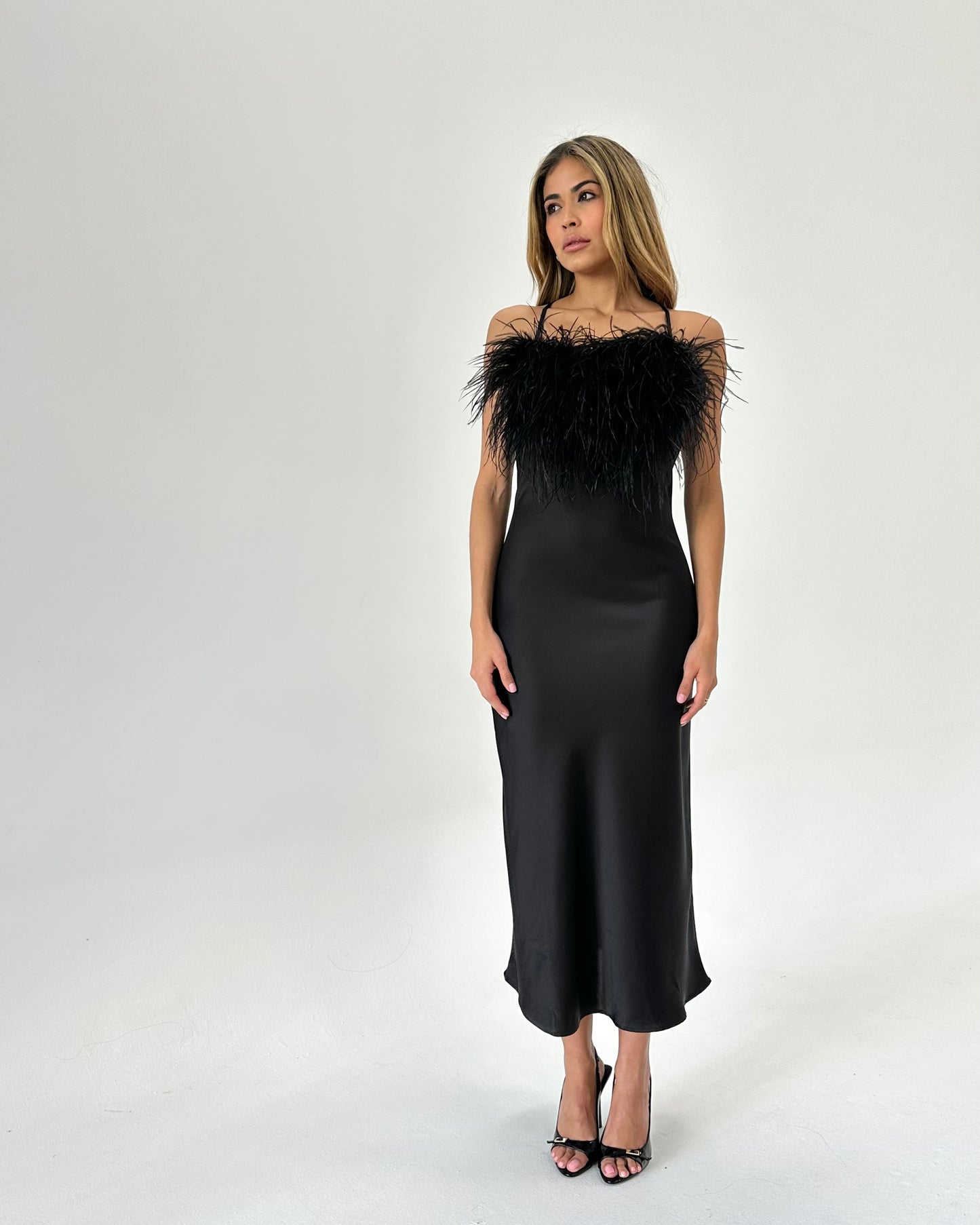Cowl Neck Slip Dress with Removable Feathers