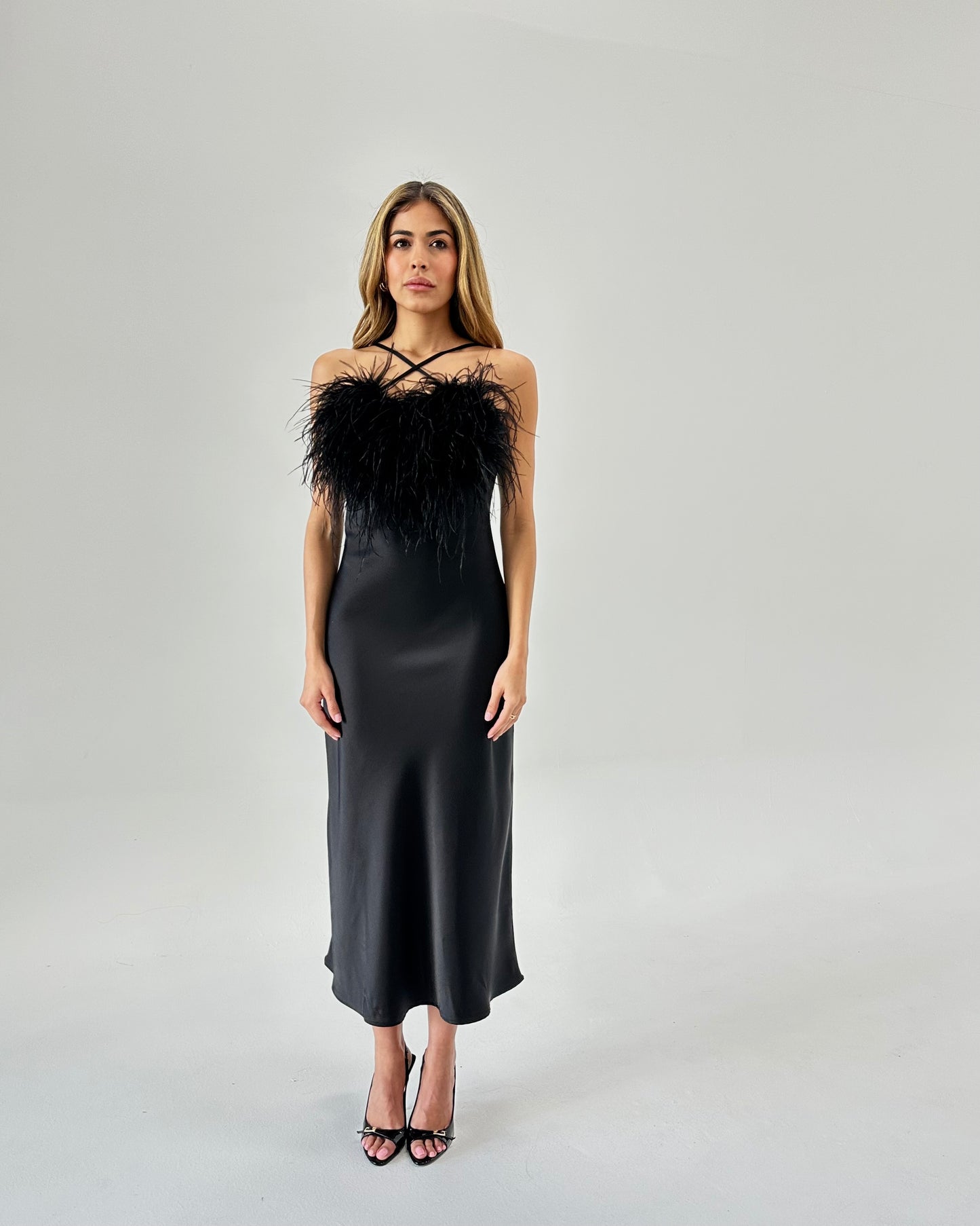 Cowl Neck Slip Dress with Removable Feathers