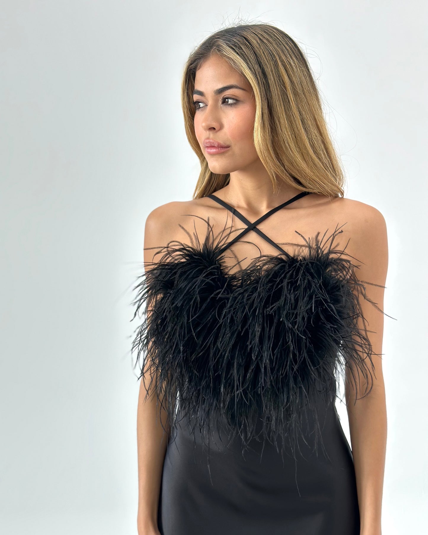 Cowl Neck Slip Dress with Removable Feathers