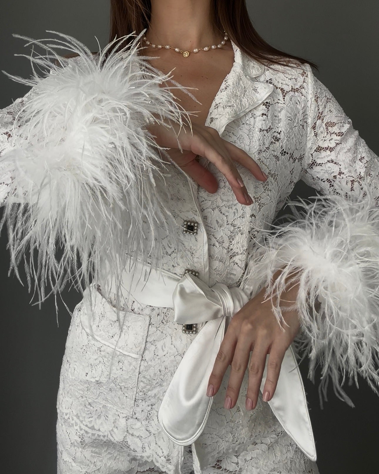 Lace Pants Set with Feathers, White