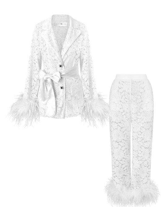Lace Pants Set with Feathers, White