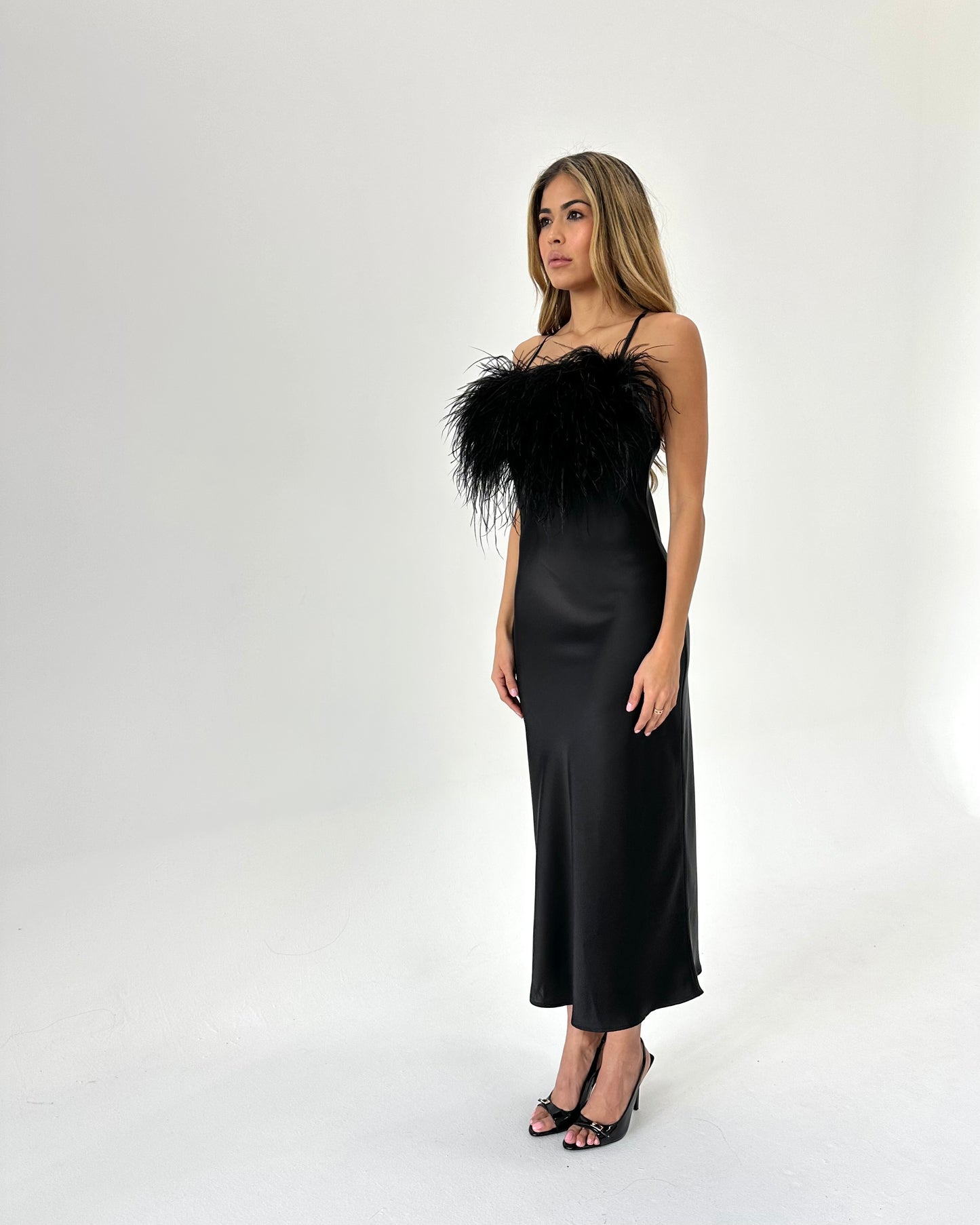 Cowl Neck Slip Dress with Removable Feathers