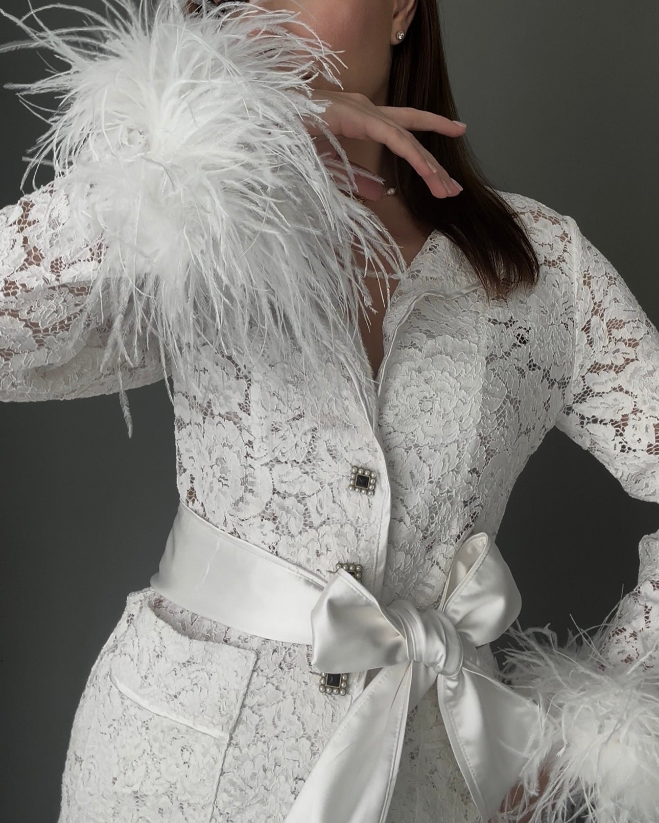 Lace Pants Set with Feathers, White