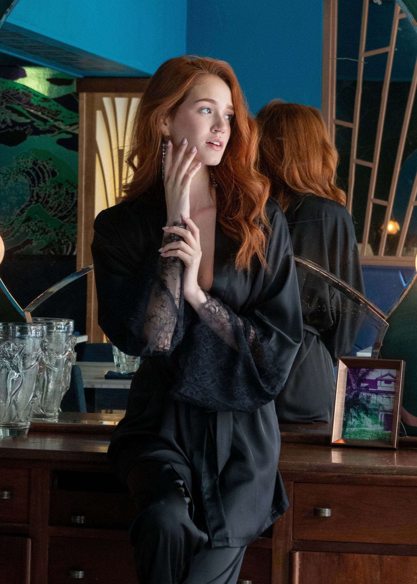 Kimono with Wide Lace Trim and Pants, 2 pc, Black