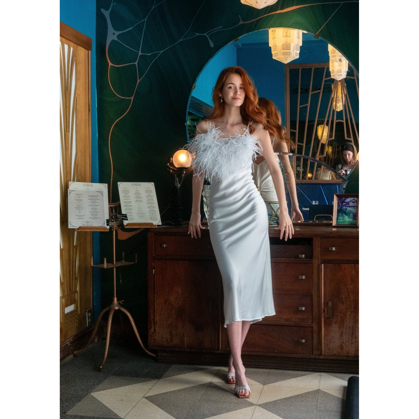 Long Slip-On Dress with Detachable Feather
