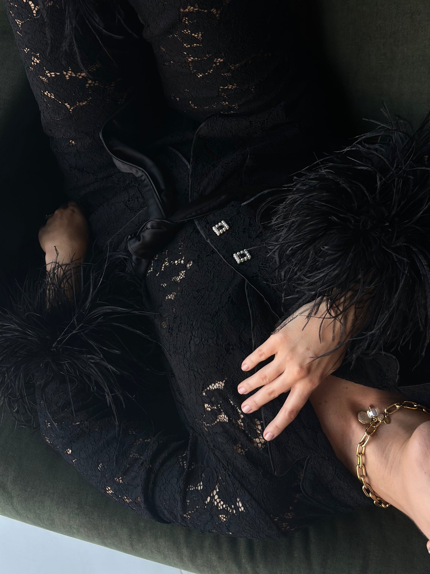 Lace Pants Set with Feathers, Black