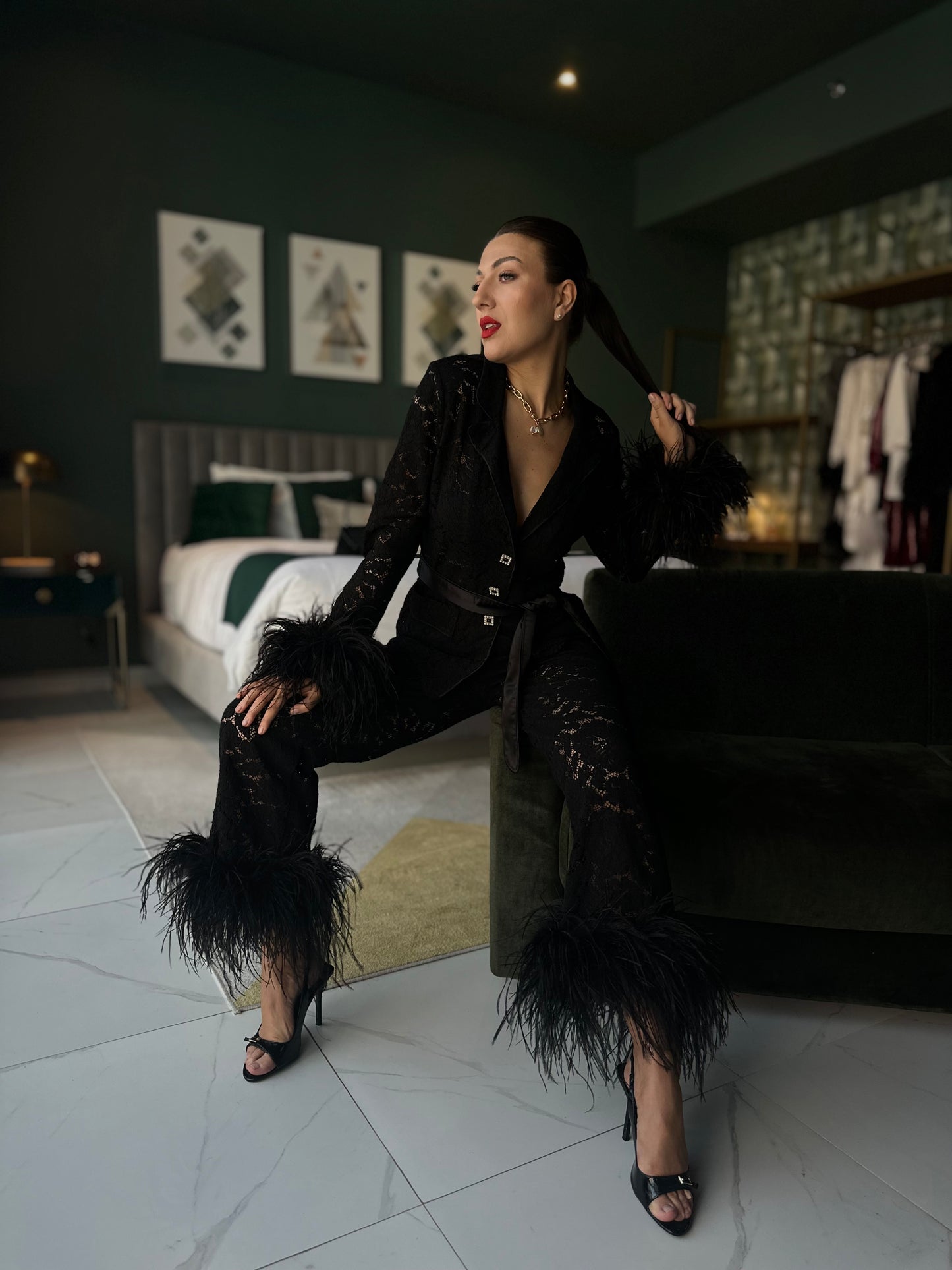 Lace Pants Set with Feathers, Black