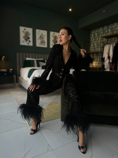 Lace Pants Set with Feathers, Black