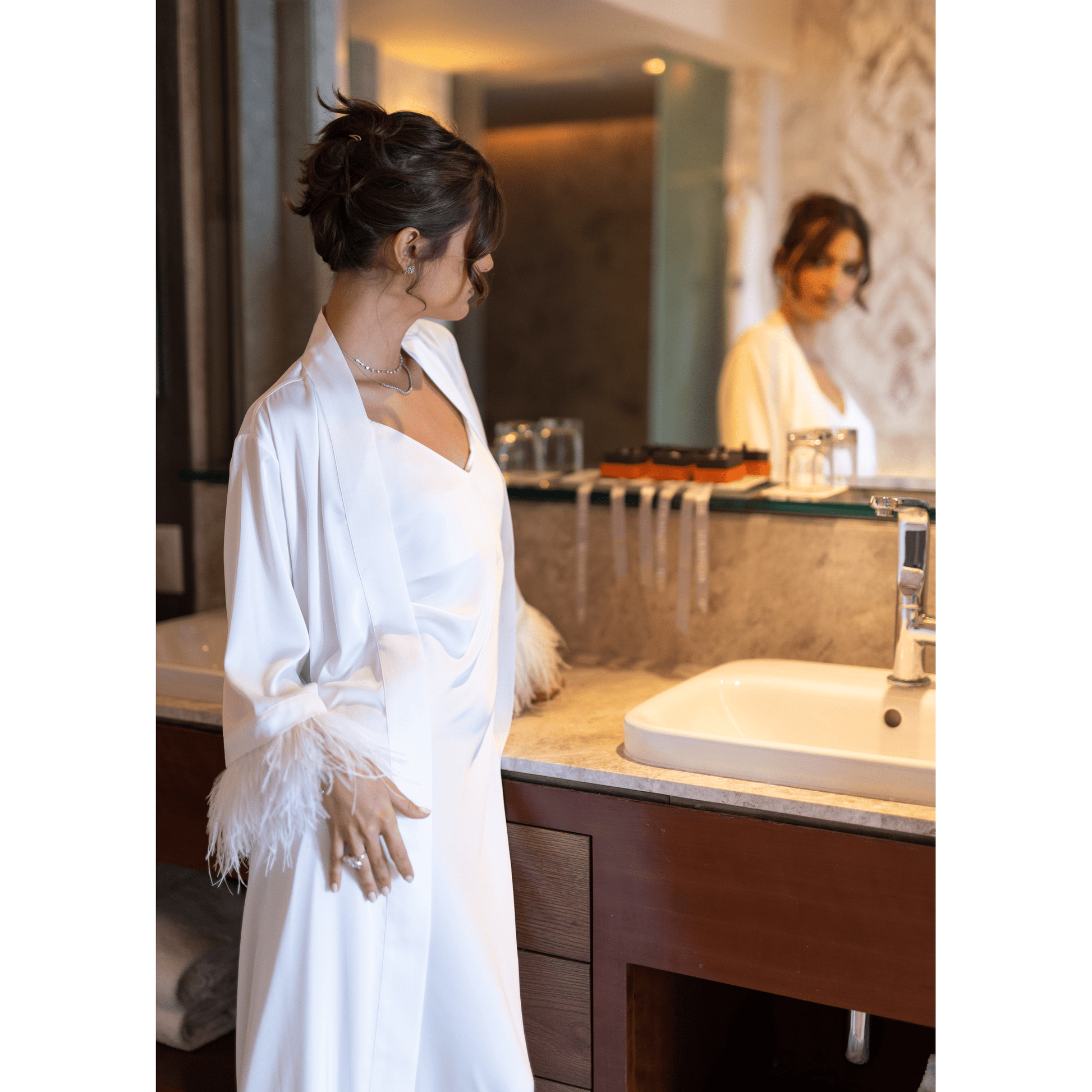 Long Kimono with Detachable Feather, White 