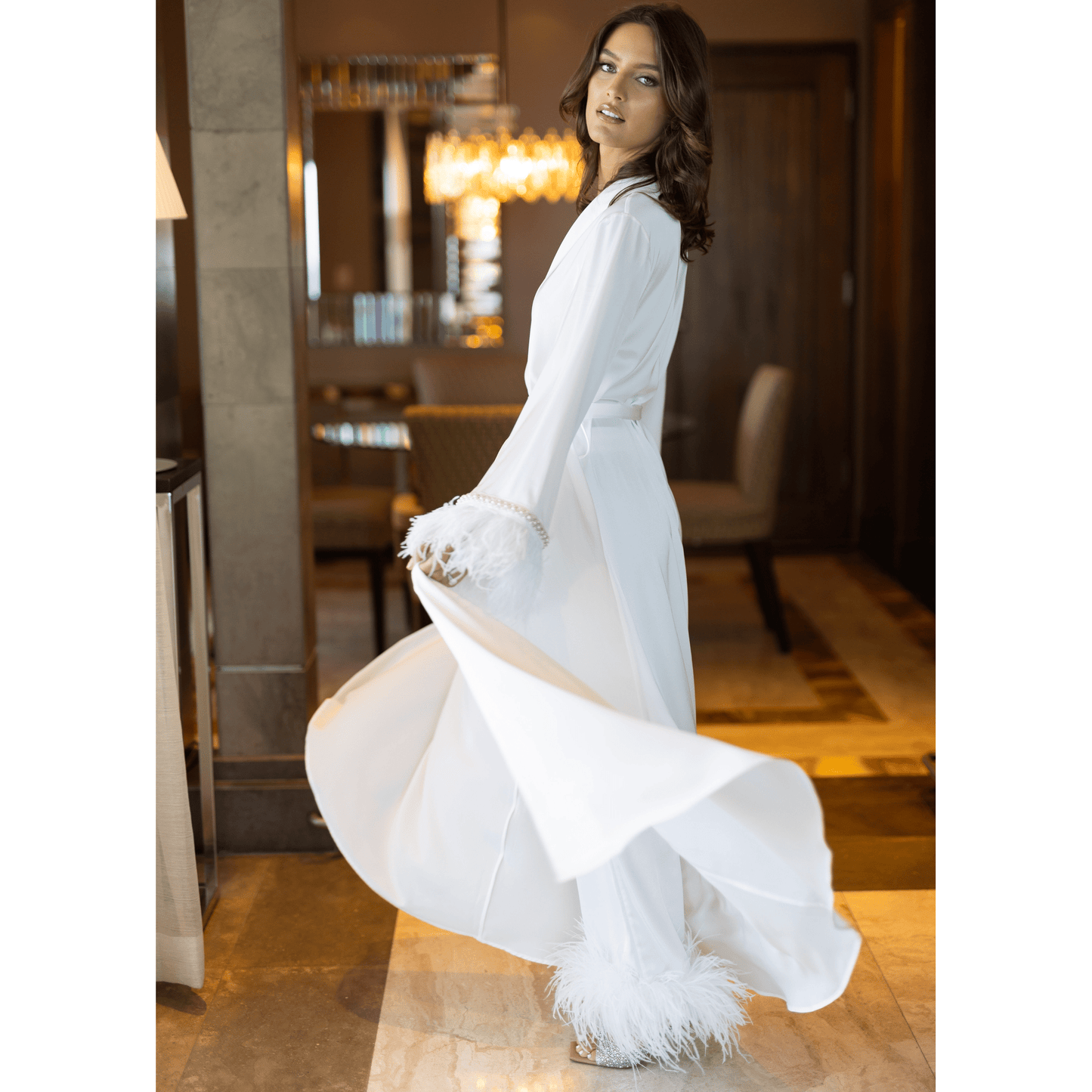 Limited Bridal Maxi Kimono with Feather & Pearl Cuffs and