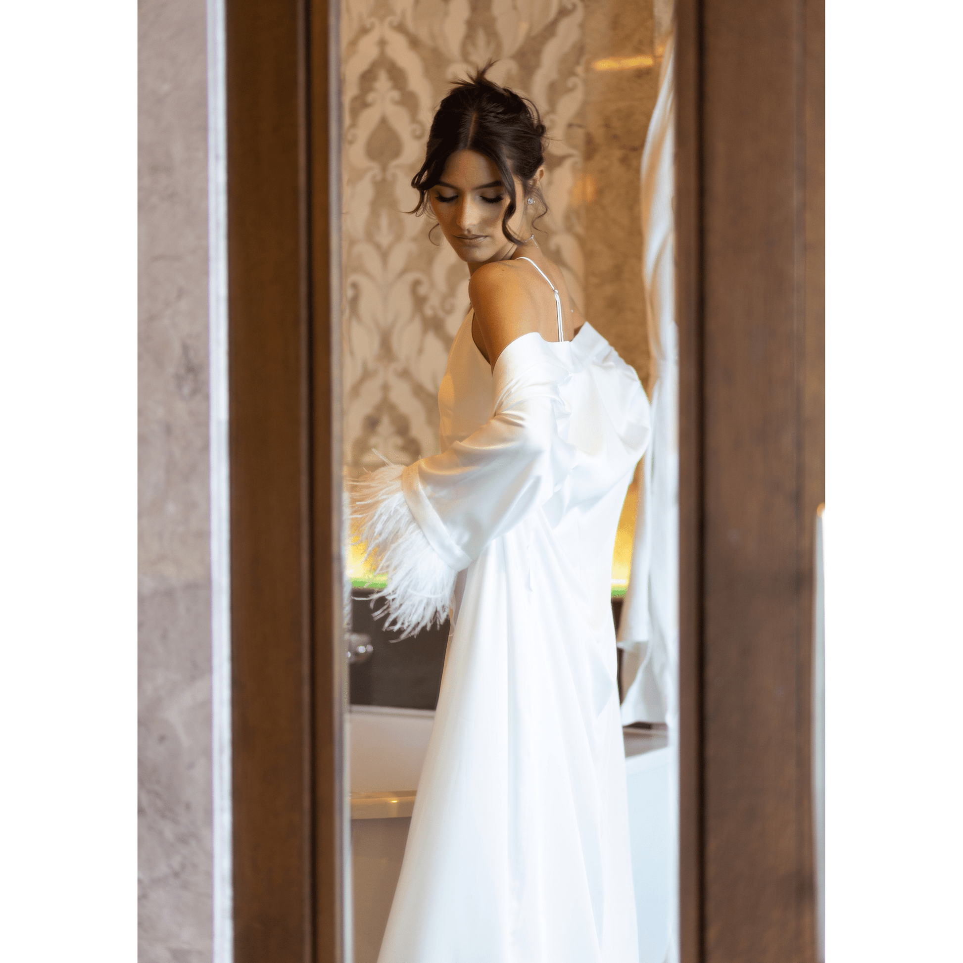 Long Kimono with Detachable Feather, White 