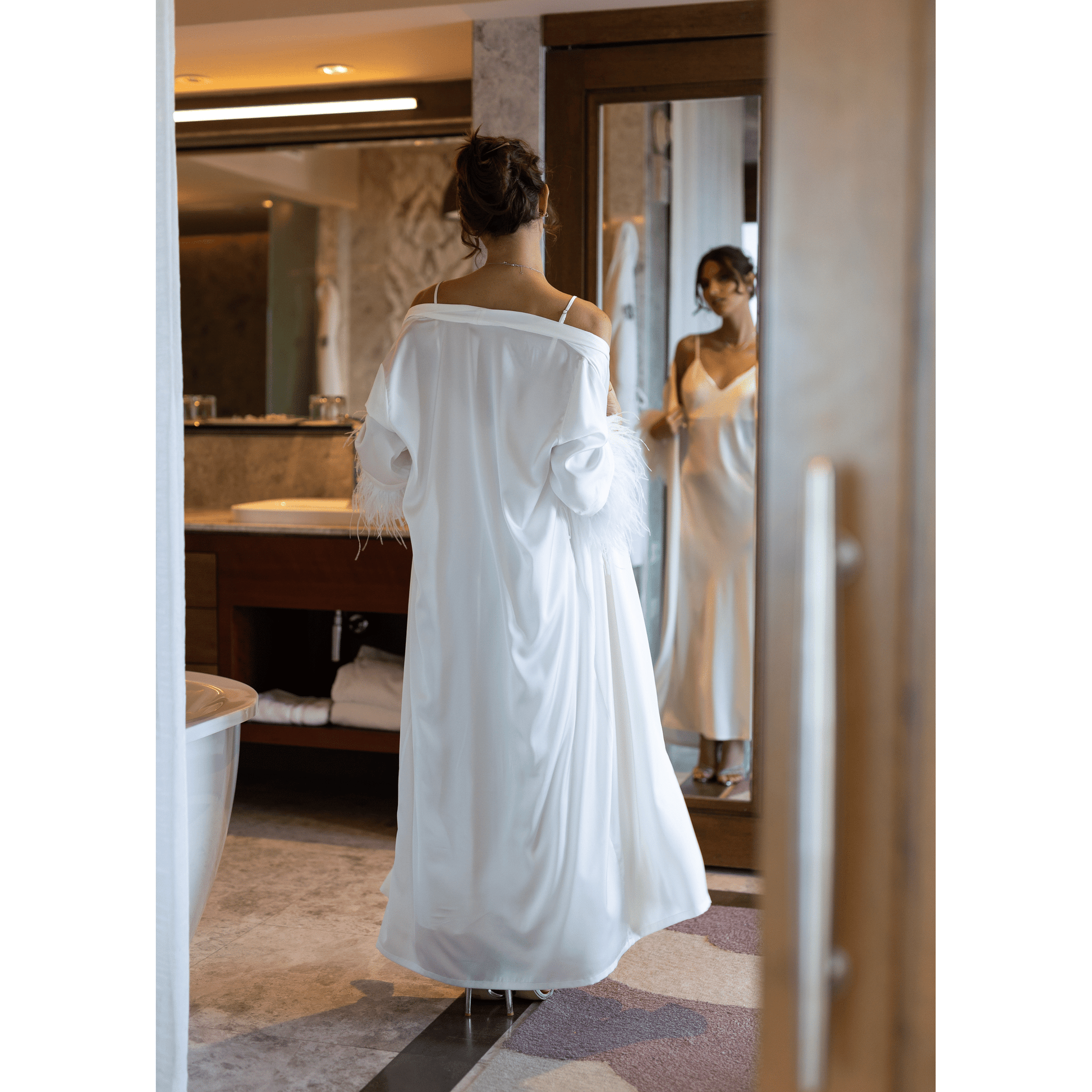 Long Kimono with Detachable Feather, White 