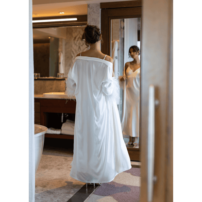 Long Kimono with Detachable Feather, White 