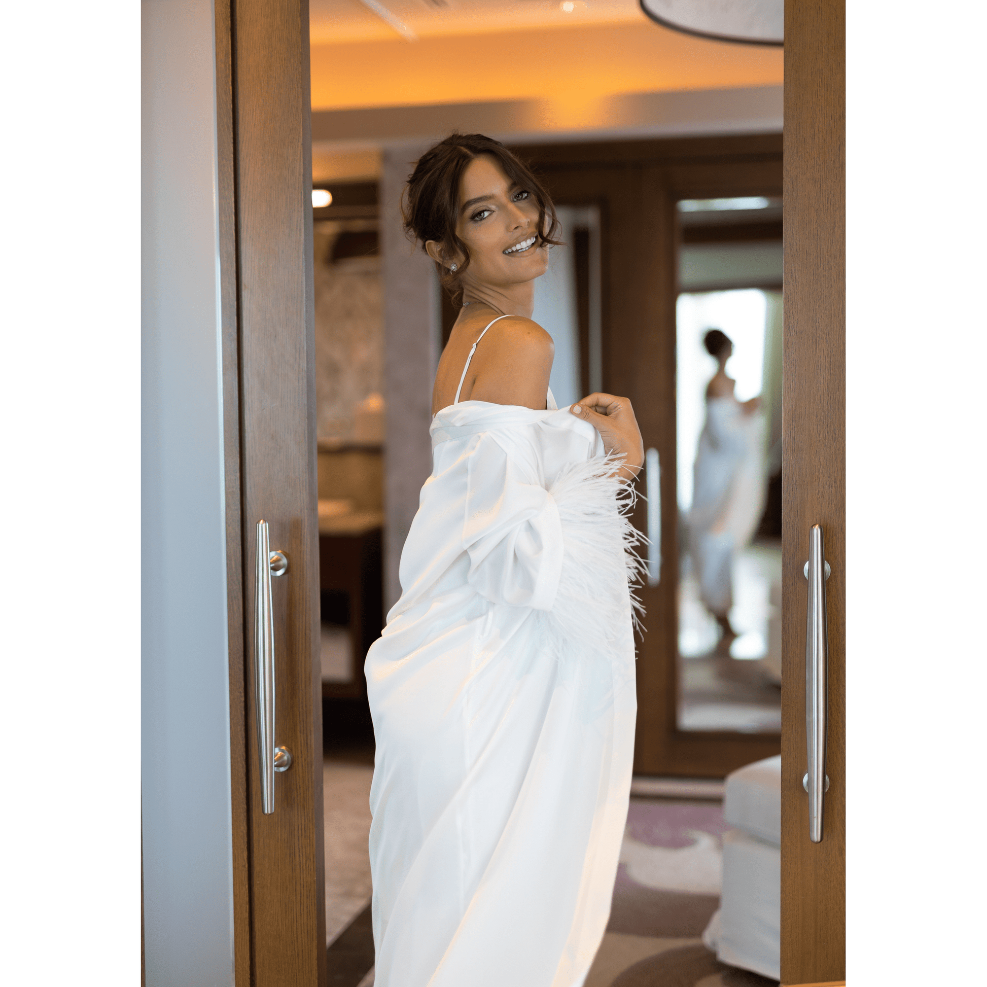 Long Kimono with Detachable Feather, White 