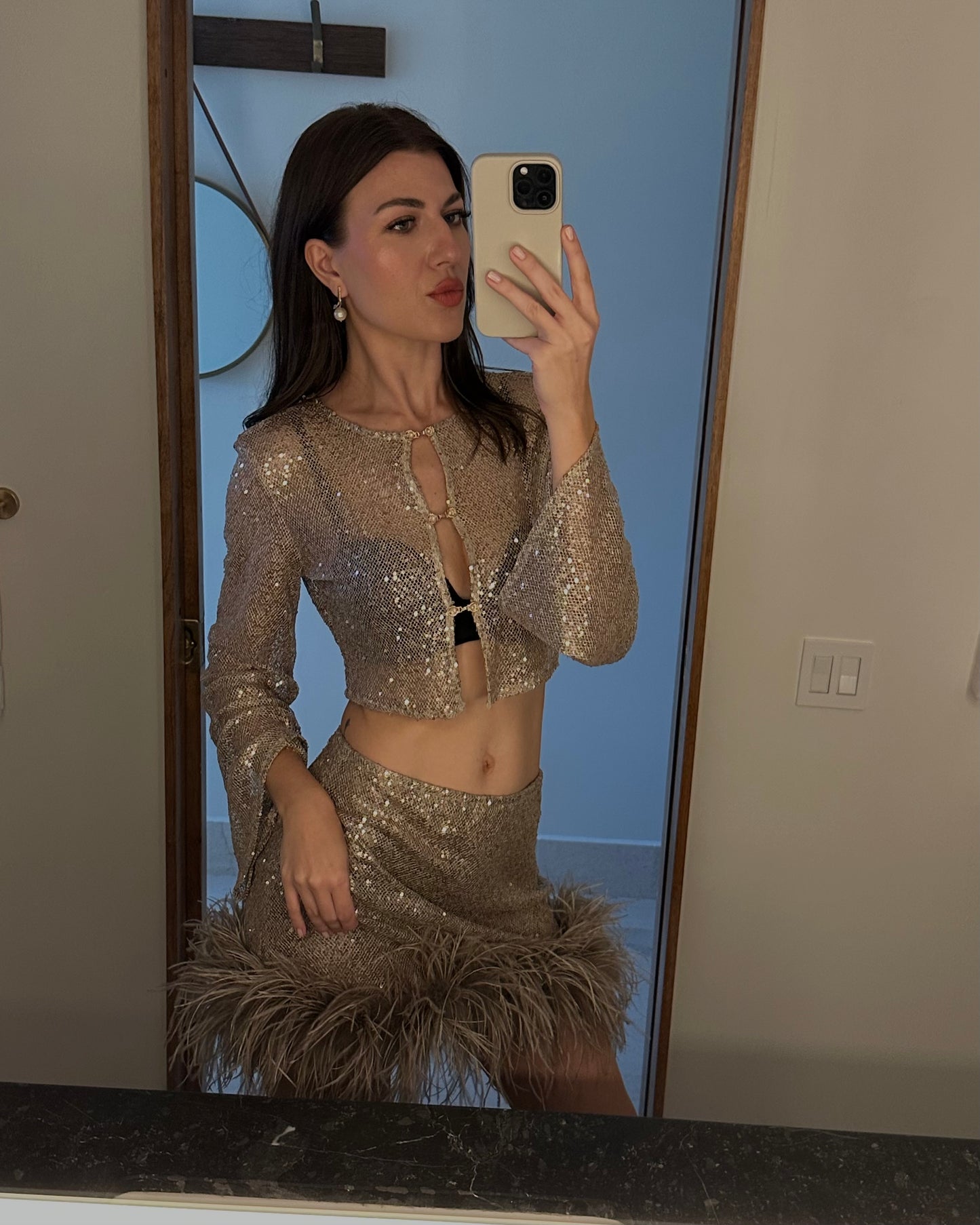 Top & Mini Skirt Set, Sequins with Feathers, 2 pc