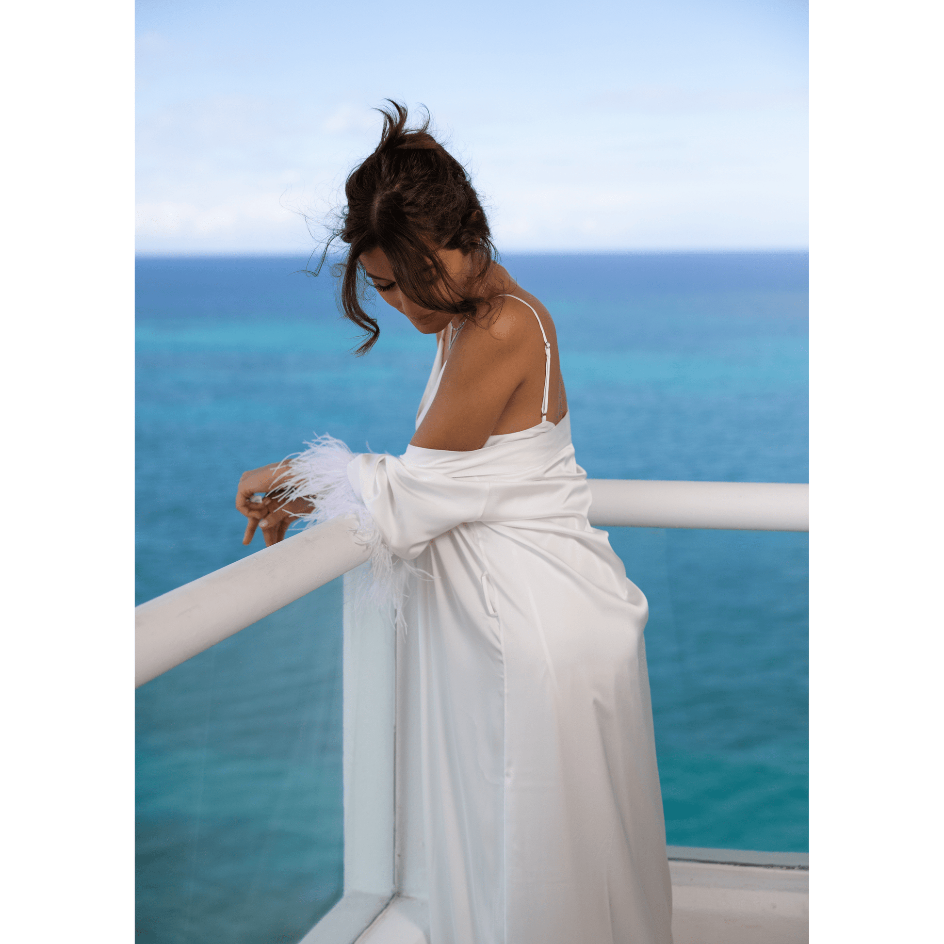 Long Kimono with Detachable Feather, White 