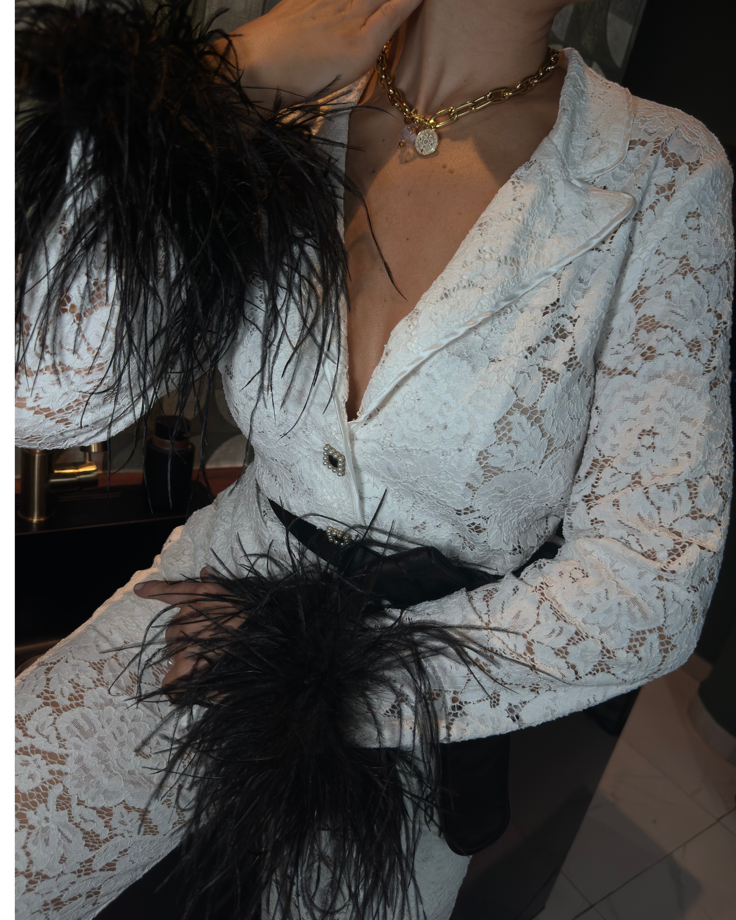 White Lace Pants Set with Black Feathers, White Belt