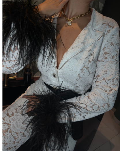 White Lace Pants Set with Black Feathers, White Belt