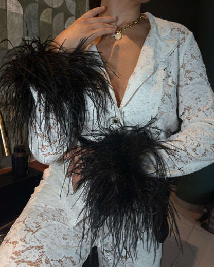 White Lace Pants Set with Black Feathers, White Belt