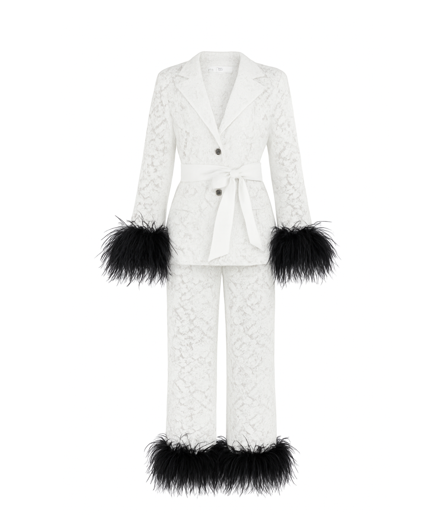 White Lace Pants Set with Black Feathers, White Belt