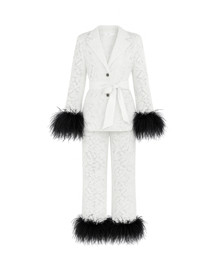 White Lace Pants Set with Black Feathers, White Belt
