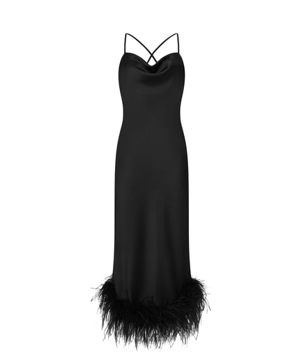 Cowl Neck Slip On Dress with Feathers