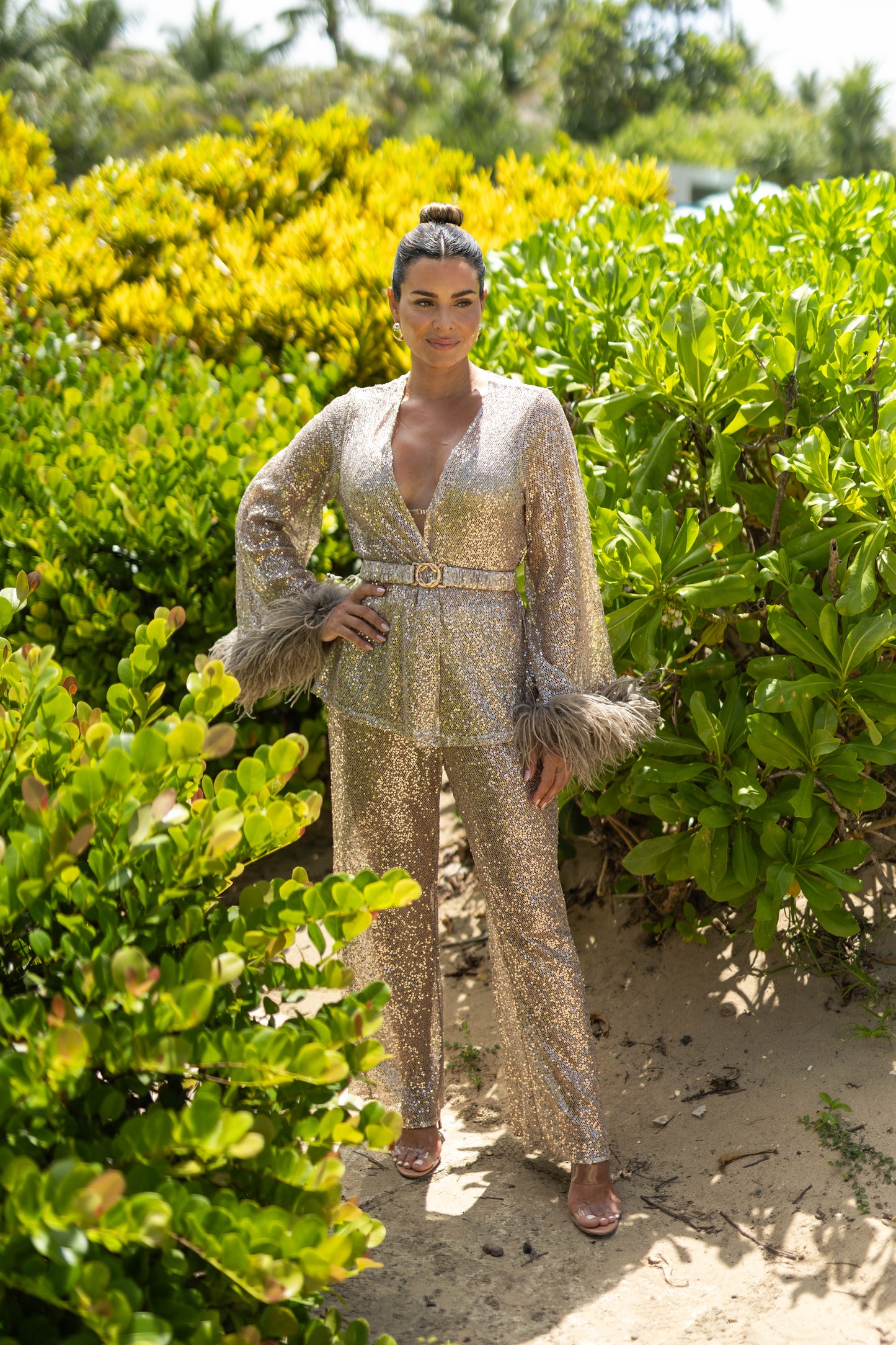 Kimono with feathers, Sequin Mesh Taupe, 1 pc