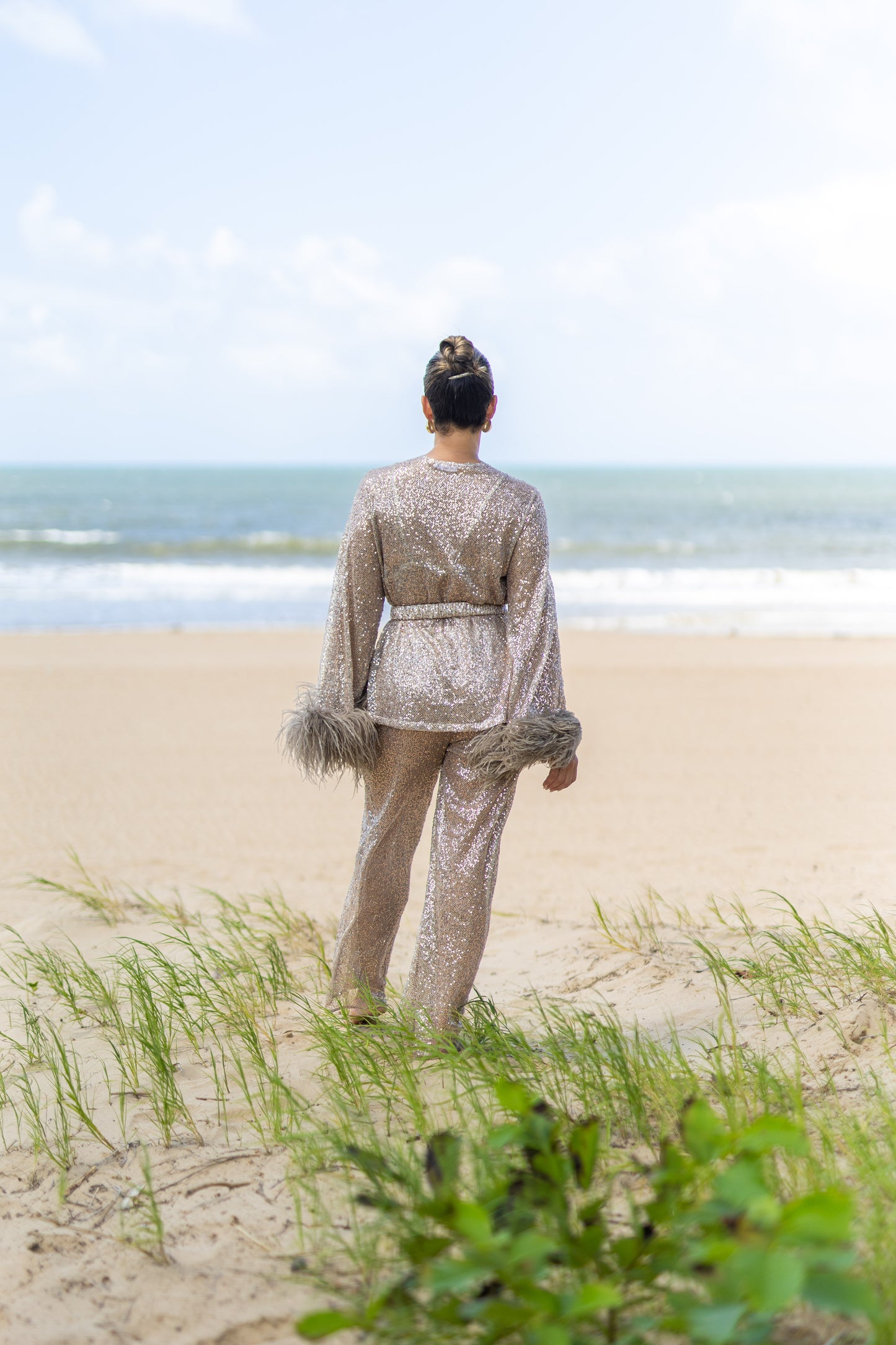 Kimono with feathers, Sequin Mesh Taupe, 1 pc