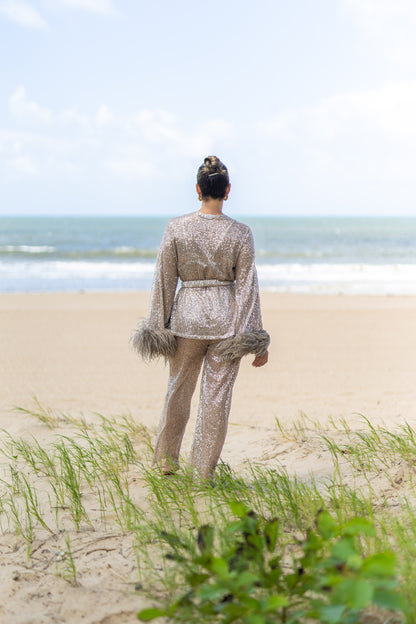 Kimono with feathers, Sequin Mesh Taupe, 1 pc