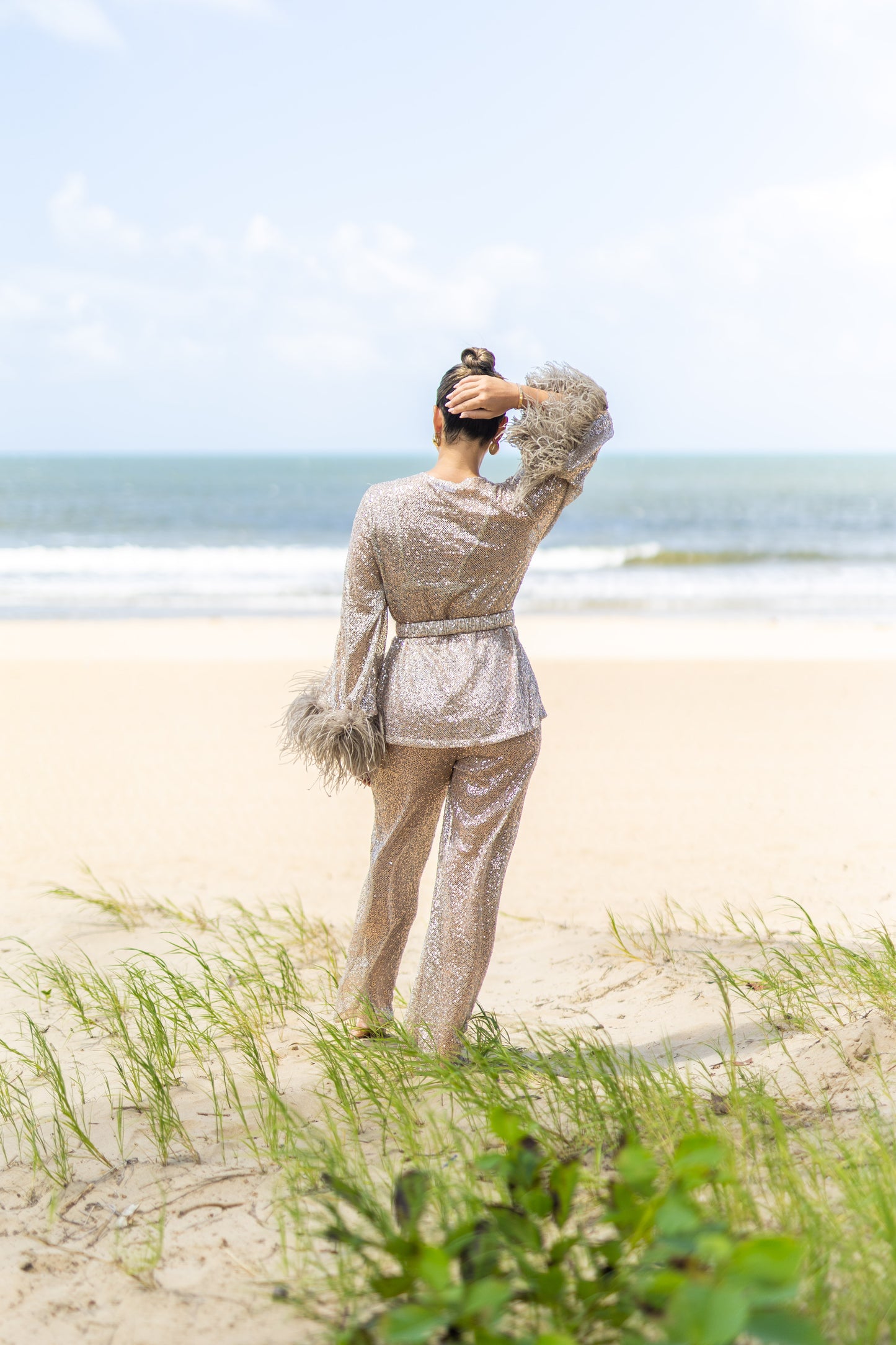 Kimono with feathers, Sequin Mesh Taupe, 1 pc