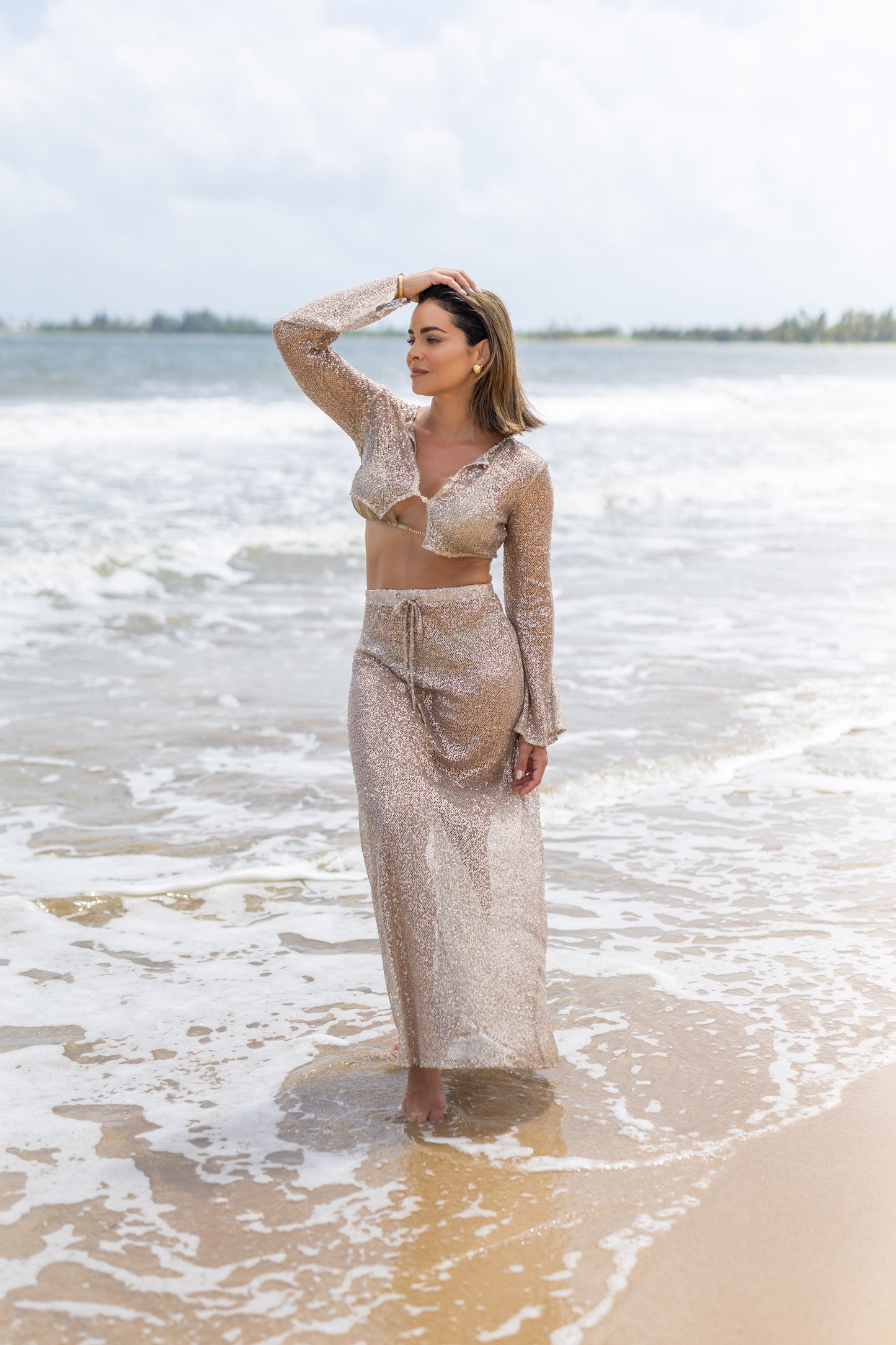 Long Skirt, Sequin Mesh Taupe, 1 pc