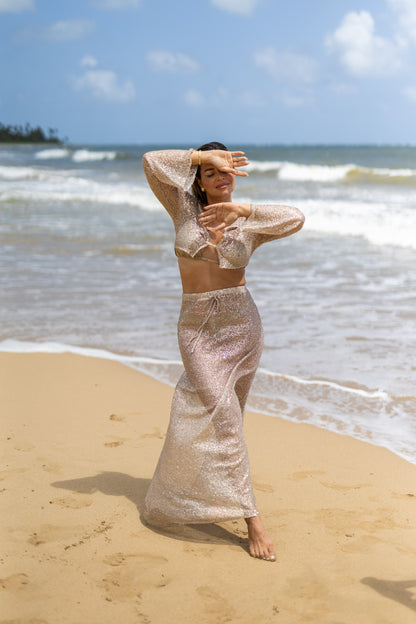 Long Skirt, Sequin Mesh Taupe, 1 pc