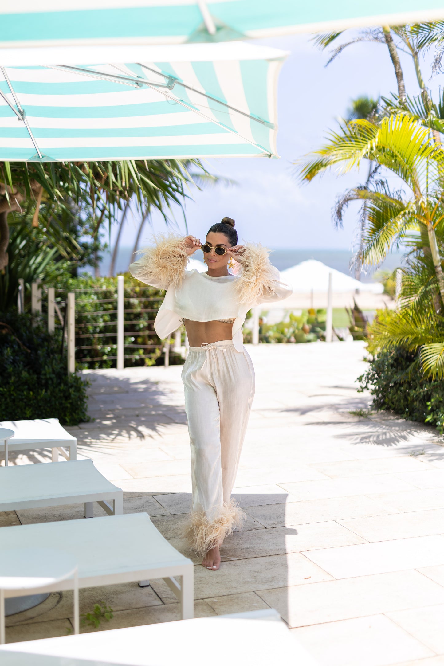 Long Pants with removable feathers, Pearl Ivory, 1 pc