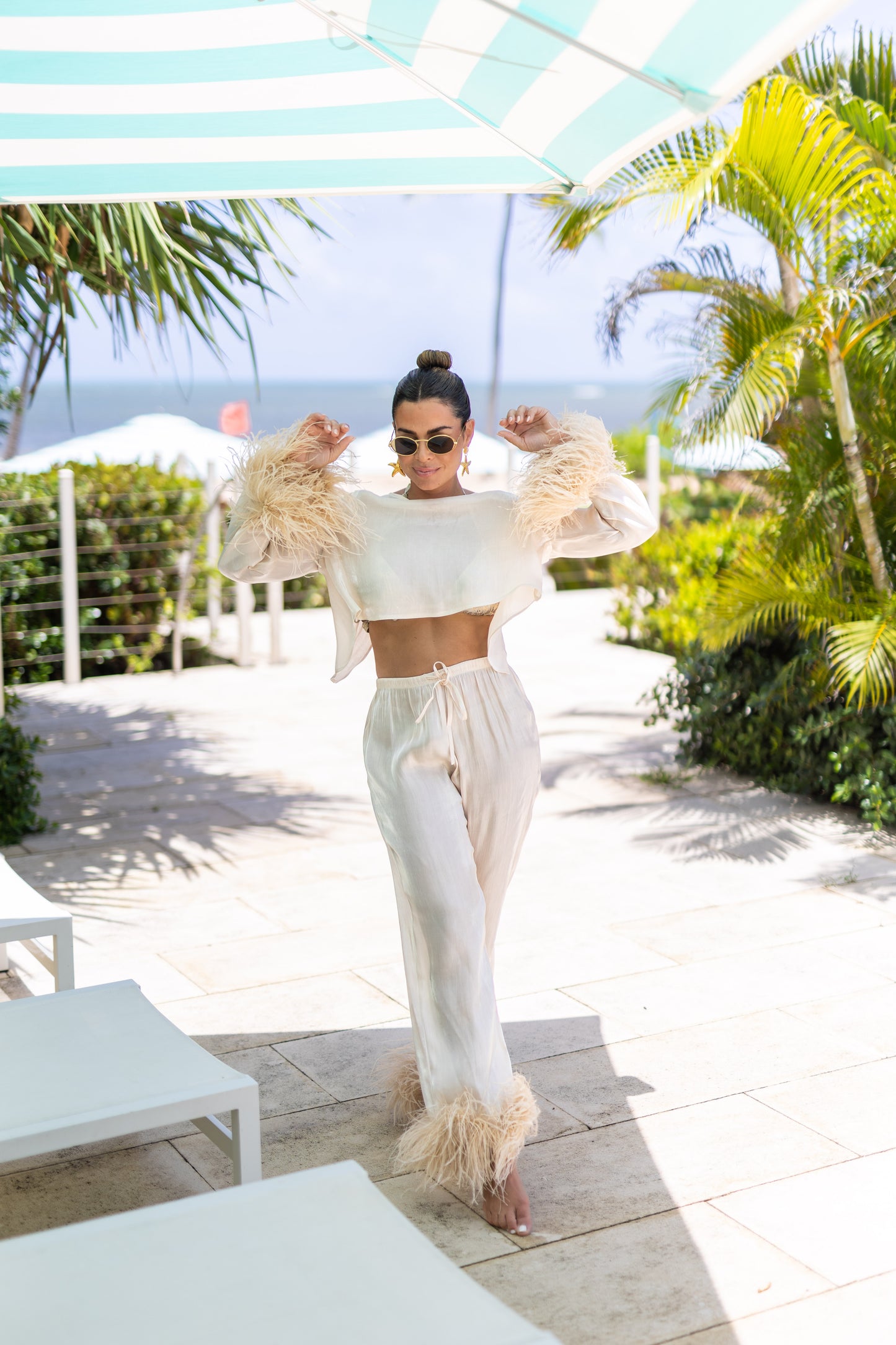 Long Pants with removable feathers, Pearl Ivory, 1 pc