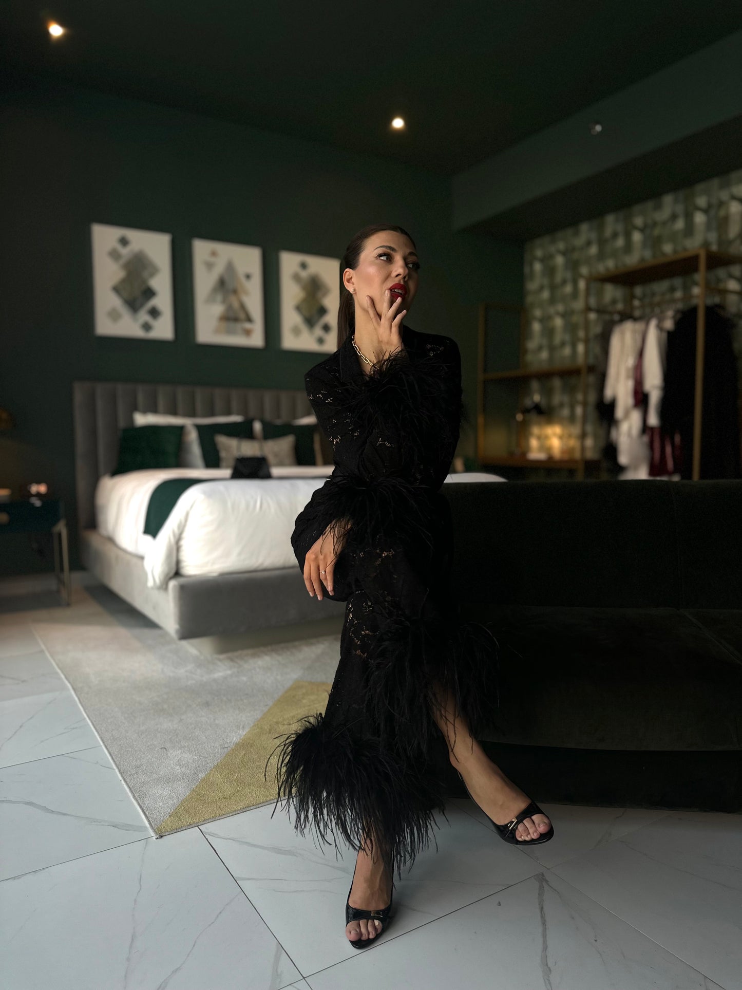 Lace Pants Set with Feathers, Black