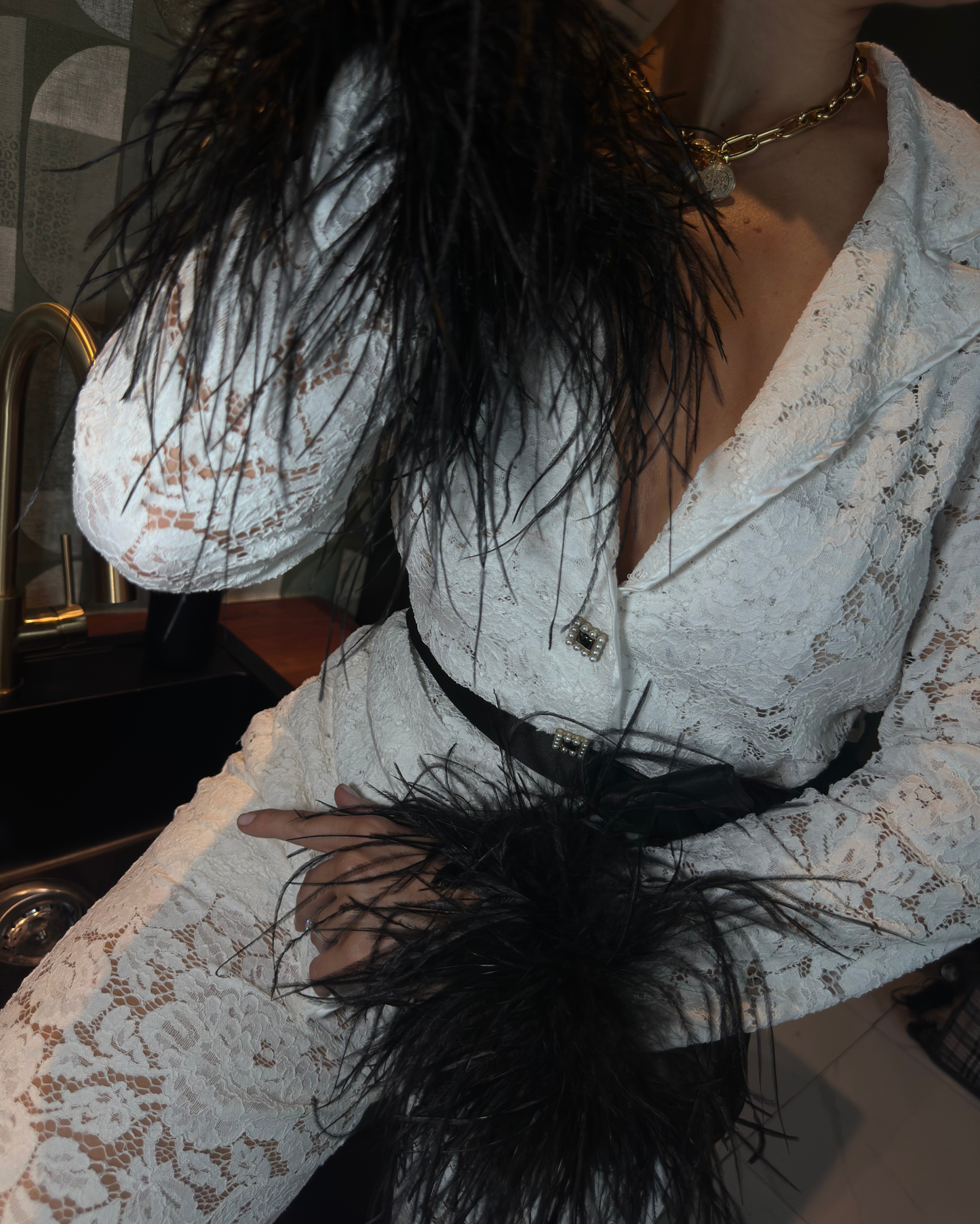 White Lace Pants Set with Black Feathers, White Belt