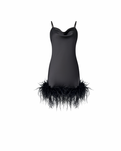 Satin Mini Dress With Feather Trim