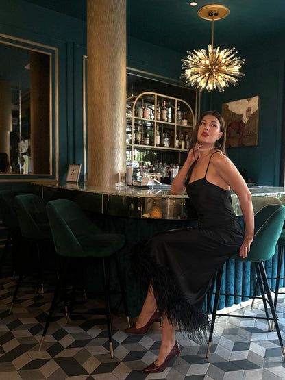 Cowl Neck Slip On Dress with Feathers