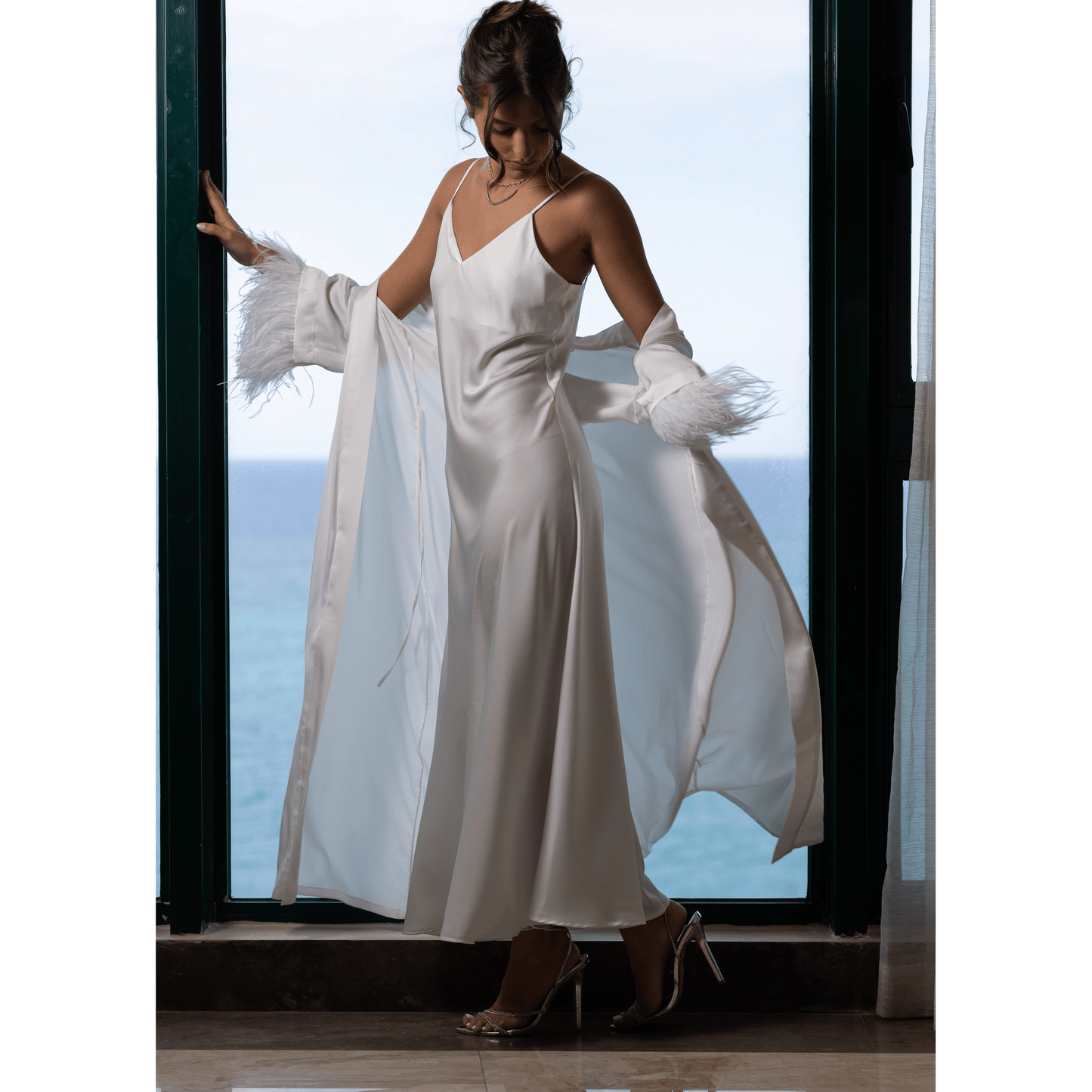 Long Kimono with Detachable Feather, White 