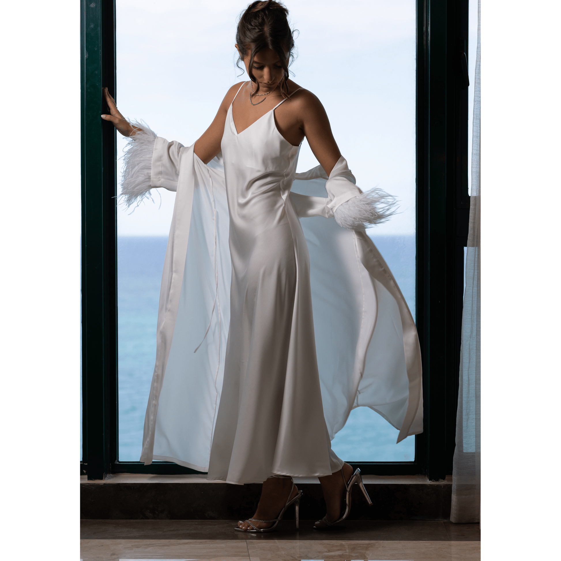 Long Kimono with Detachable Feather, White 