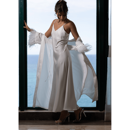 Long Kimono with Detachable Feather, White 