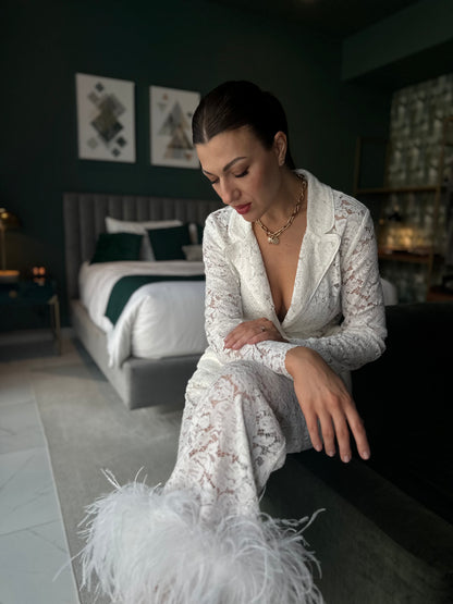 Lace Pants Set with Feathers, White