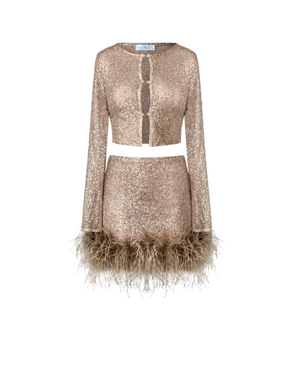 Top & Mini Skirt Set, Sequins with Feathers, 2 pc