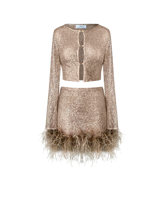 Top & Mini Skirt Set, Sequins with Feathers, 2 pc