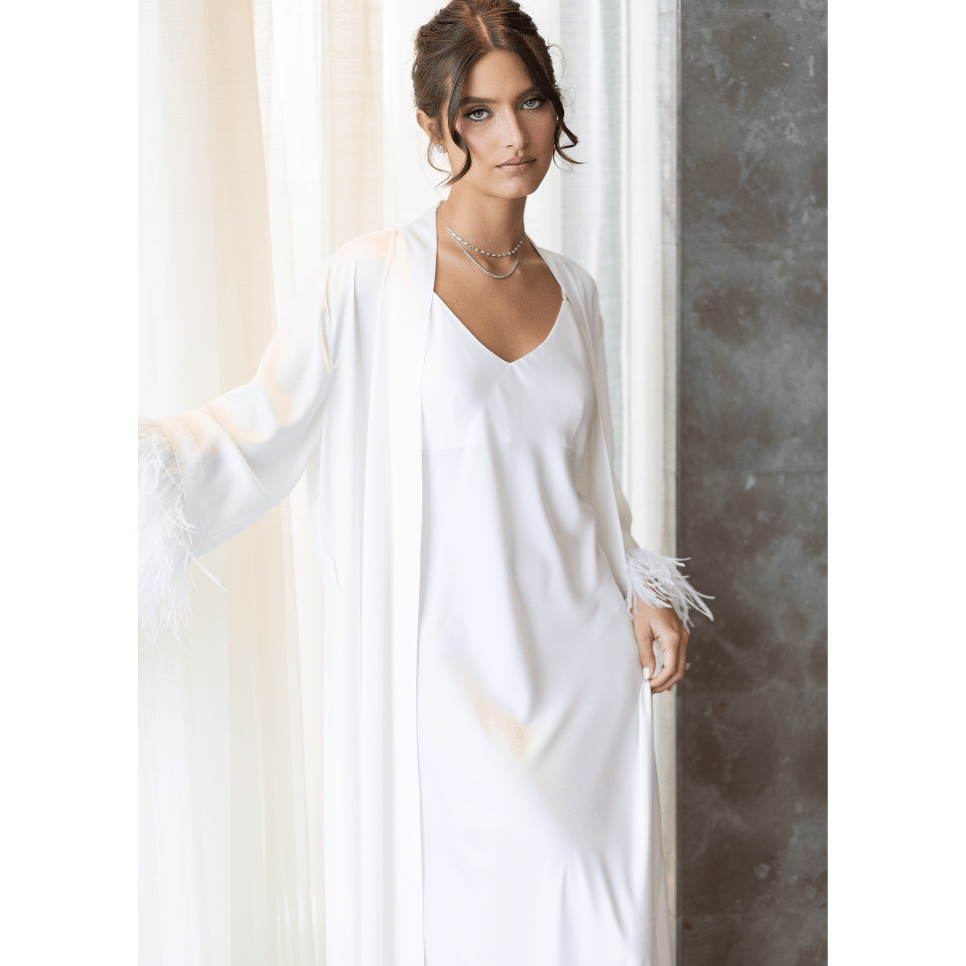 Long Kimono with Detachable Feather, White 
